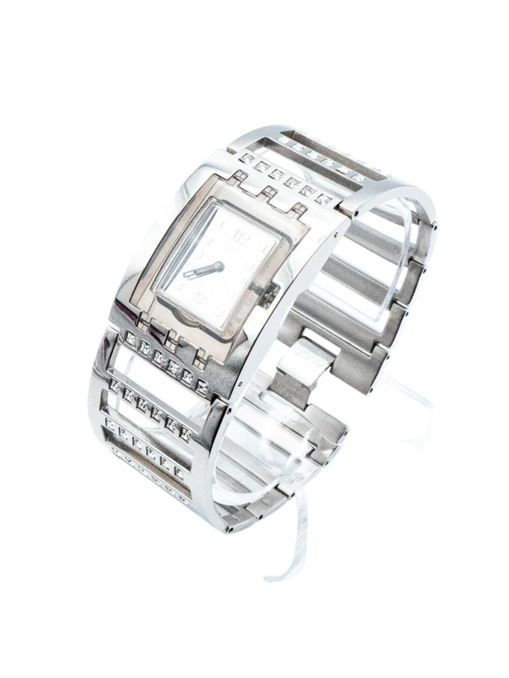 Rare 2006 Swatch Square Brilliant Bangle SUBM103G Crystal Stainless Steel Watch
